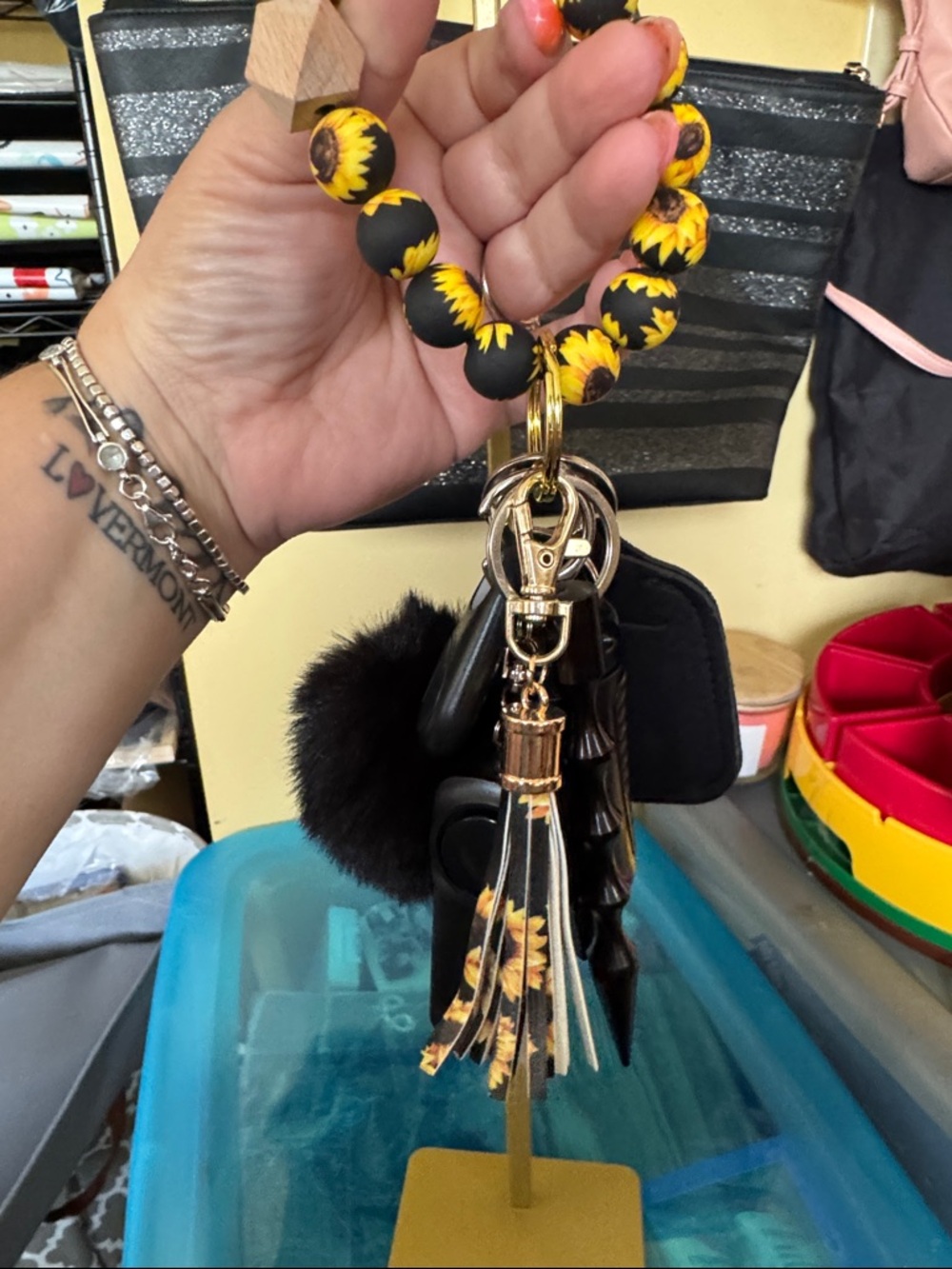 Beaded Sunflower Safety Keychain with Tassel - NEW